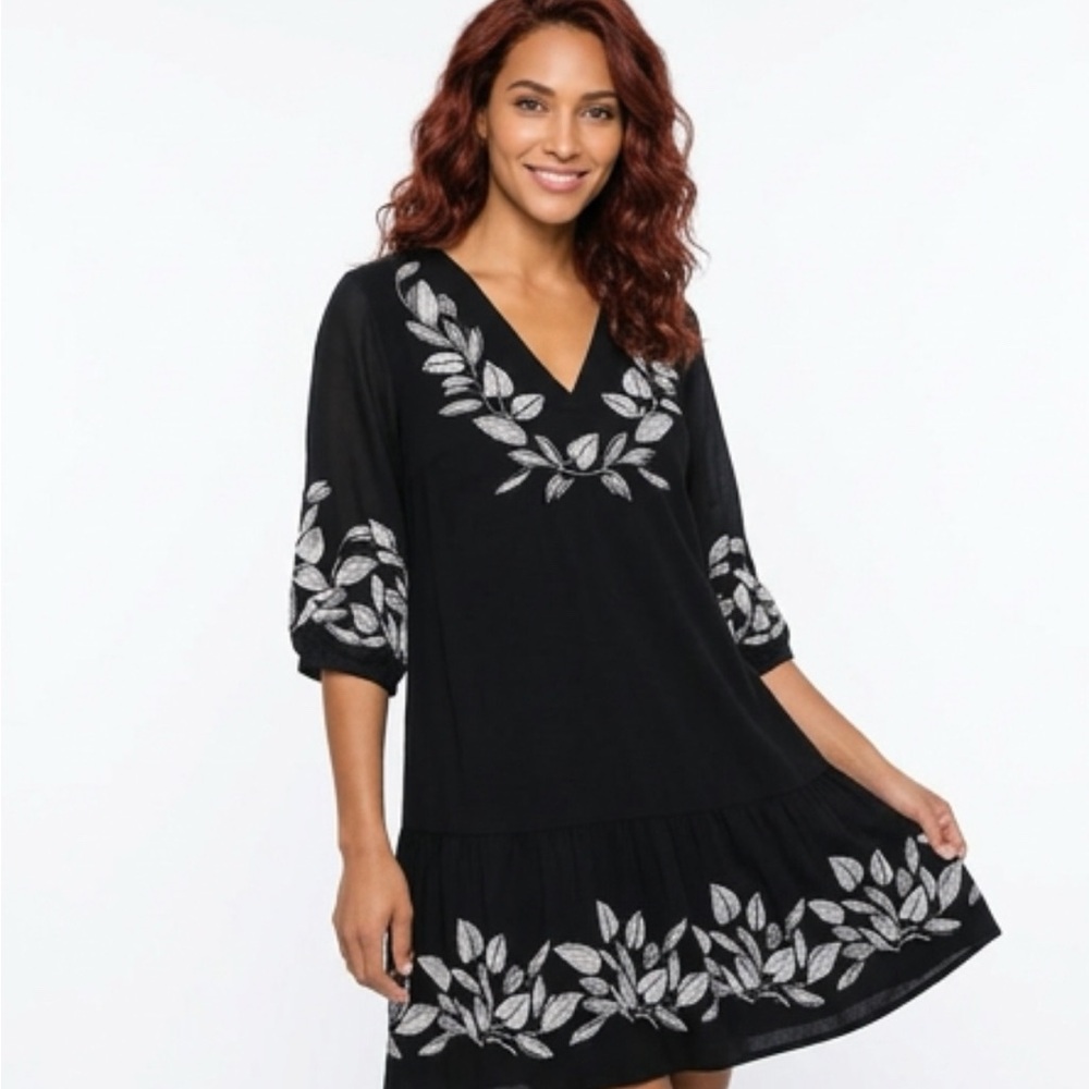 Tribal Black Dress with White Leaf Embroidery